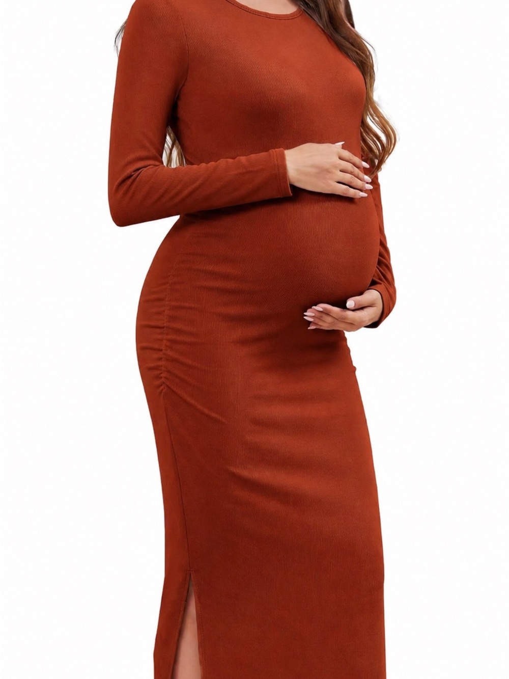 NWT Rust Ribbed Maternity Dress Small Side Slit Bodycon Midi